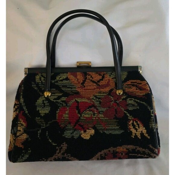 Vintage 50s 60s Carpet Bag Floral Top Handle Tapestry Boho Chic Purse Handbag - Picture 6 of 16